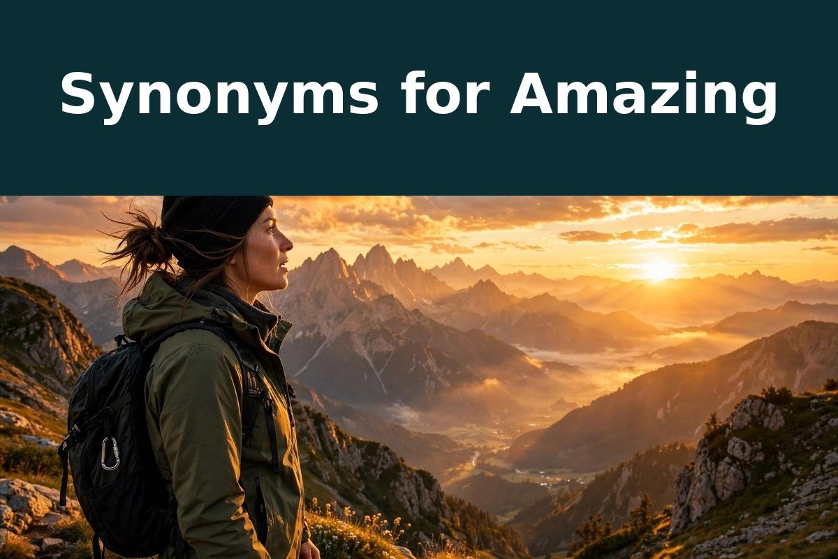 Synonyms for Amazing — full keyword on top, scene below: a person in awe at a mountain sunset