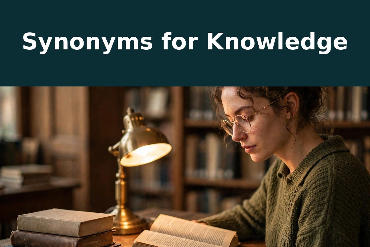 Synonyms for Knowledge — full phrase on top, scene below: a woman reading a book at a lamplit desk in a library