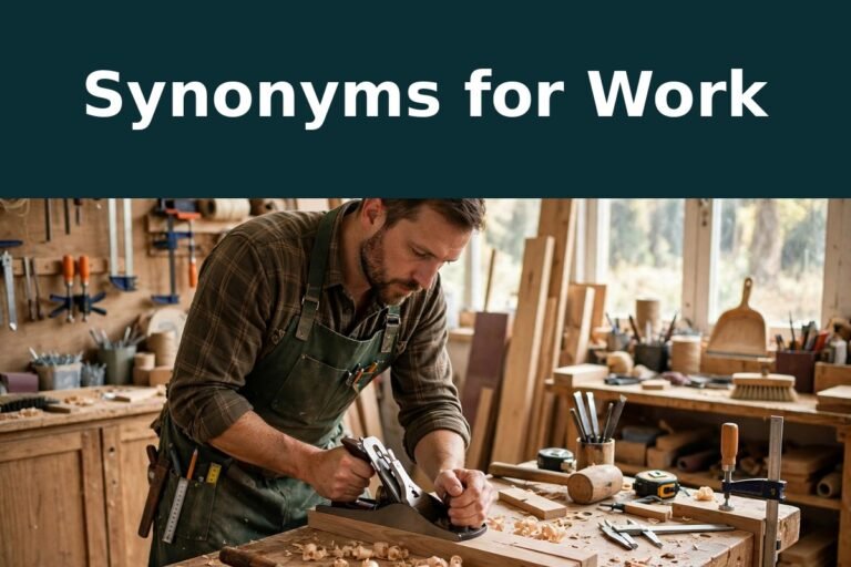 Synonyms for Work — full phrase on a deep navy banner above a carpenter planing wood at a workbench in a bright workshop. AI-generated illustration, not a real photograph.